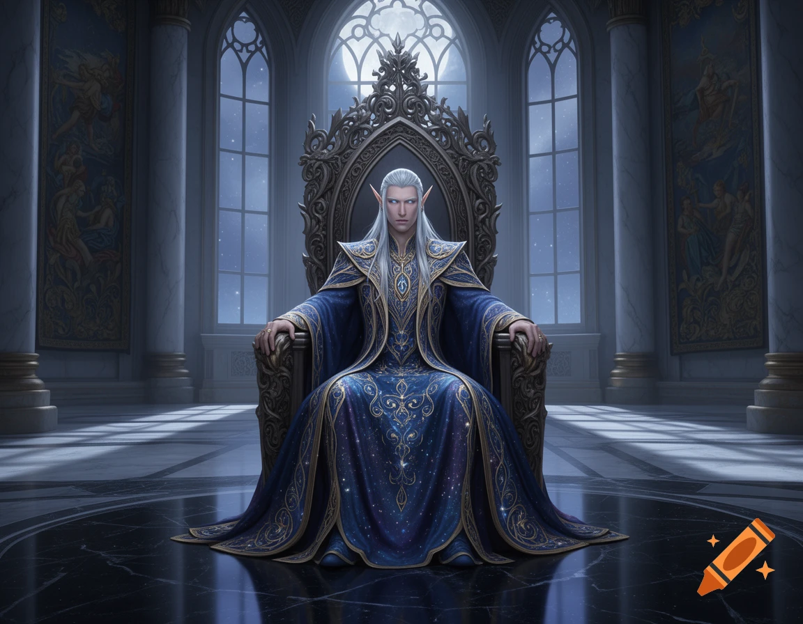 A majestic male astral elf with long white hair and glowing blue eyes sits on an ornate golden throne in a grand, moonlit gothic palace.