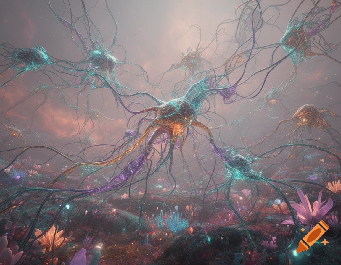Vibrant, glowing neuron-like creatures with tendrils float above an ethereal, alien landscape with colorful flora.