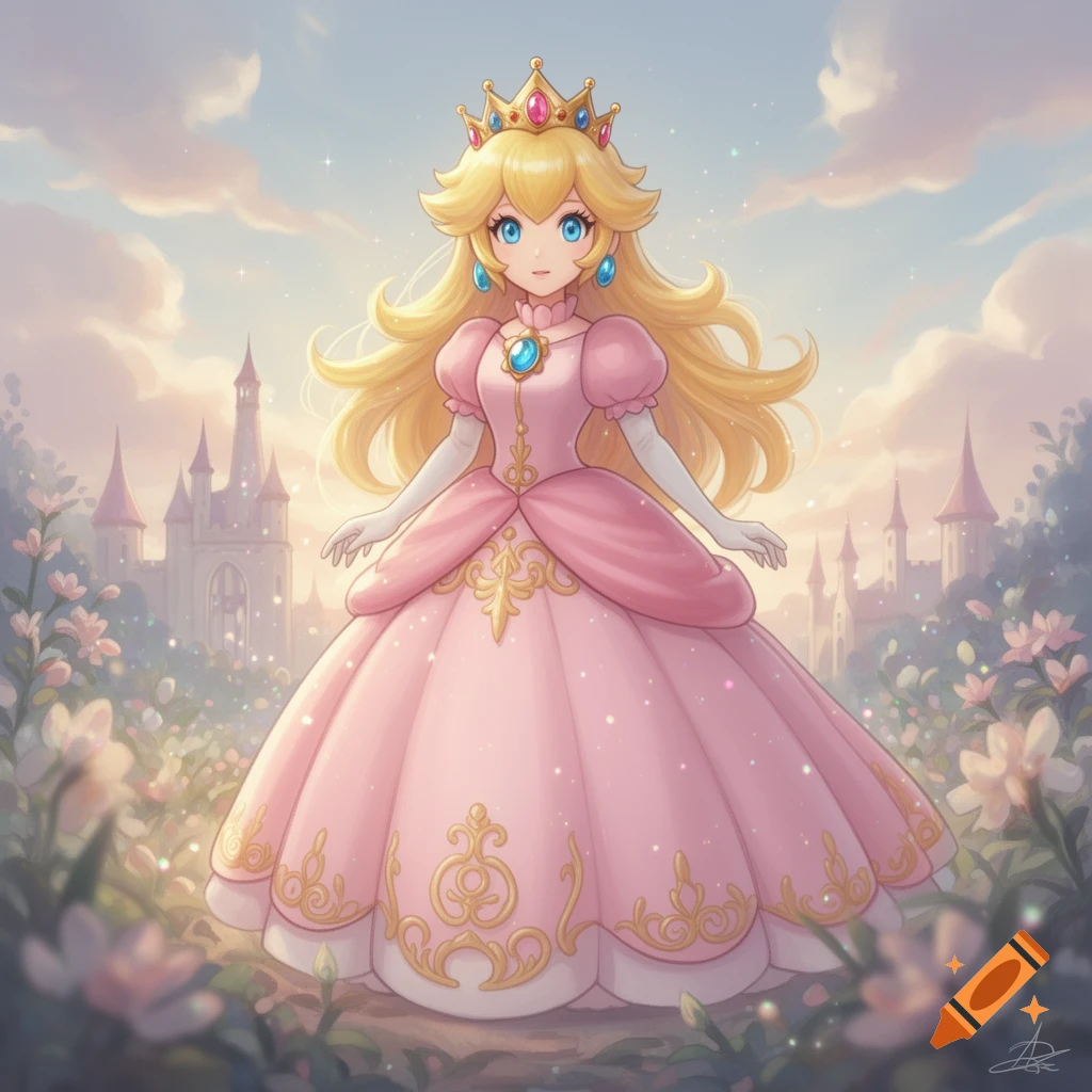 Anime-style illustration of Princess Peach in a pink gown and crown, standing in a magical garden with a castle backdrop.
