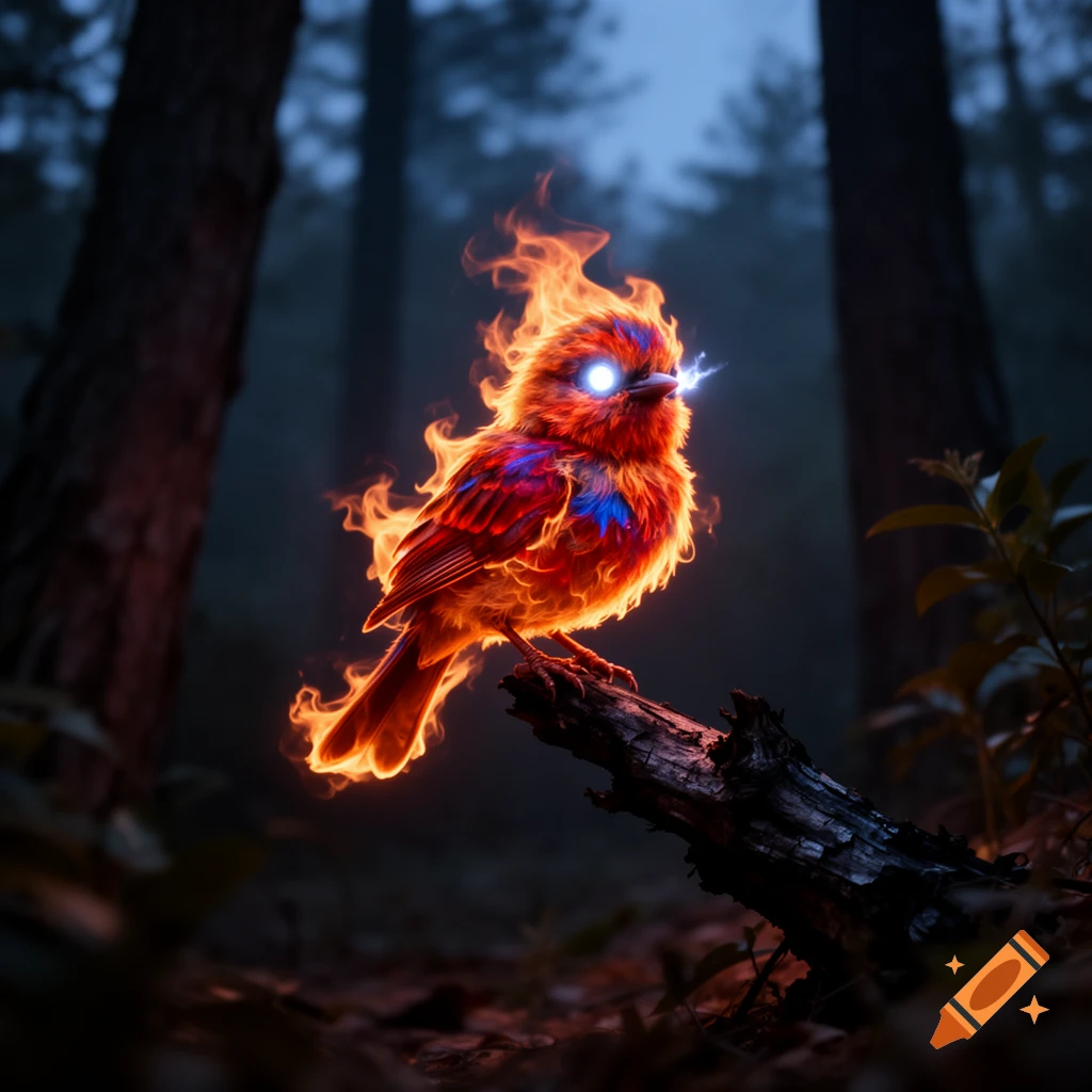 A vibrant, fiery bird with glowing blue eyes and a spark of electricity, perches on a dark branch in a mystical forest.