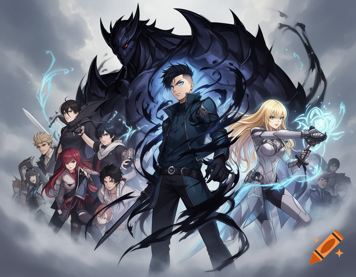 Anime-style fantasy group featuring a dark-haired man and blonde woman with swords and magic, backed by a dark monster and other characters.