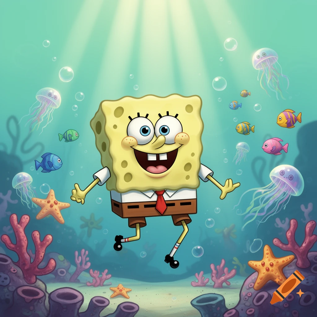 Happy Spongebob Squarepants swims underwater with fish, jellyfish, starfish, and coral, lit by sunrays.