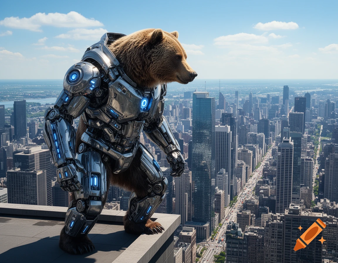 A brown bear in a futuristic silver and blue mech suit stands on a skyscraper overlooking a vast cityscape under a blue sky.
