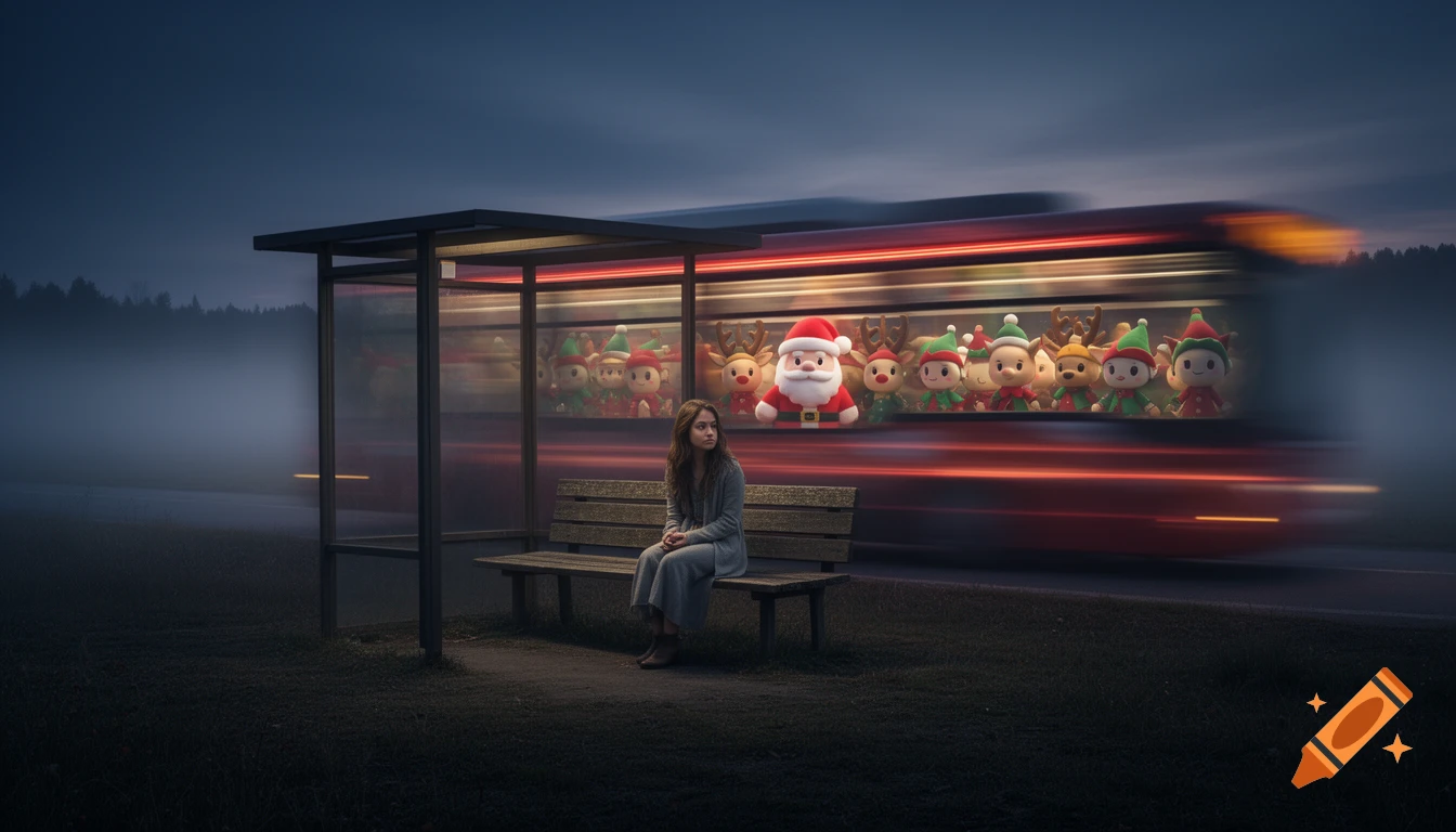 A woman sits sadly at a foggy bus stop at dusk as a blurry bus with cheerful Christmas figures rushes past.