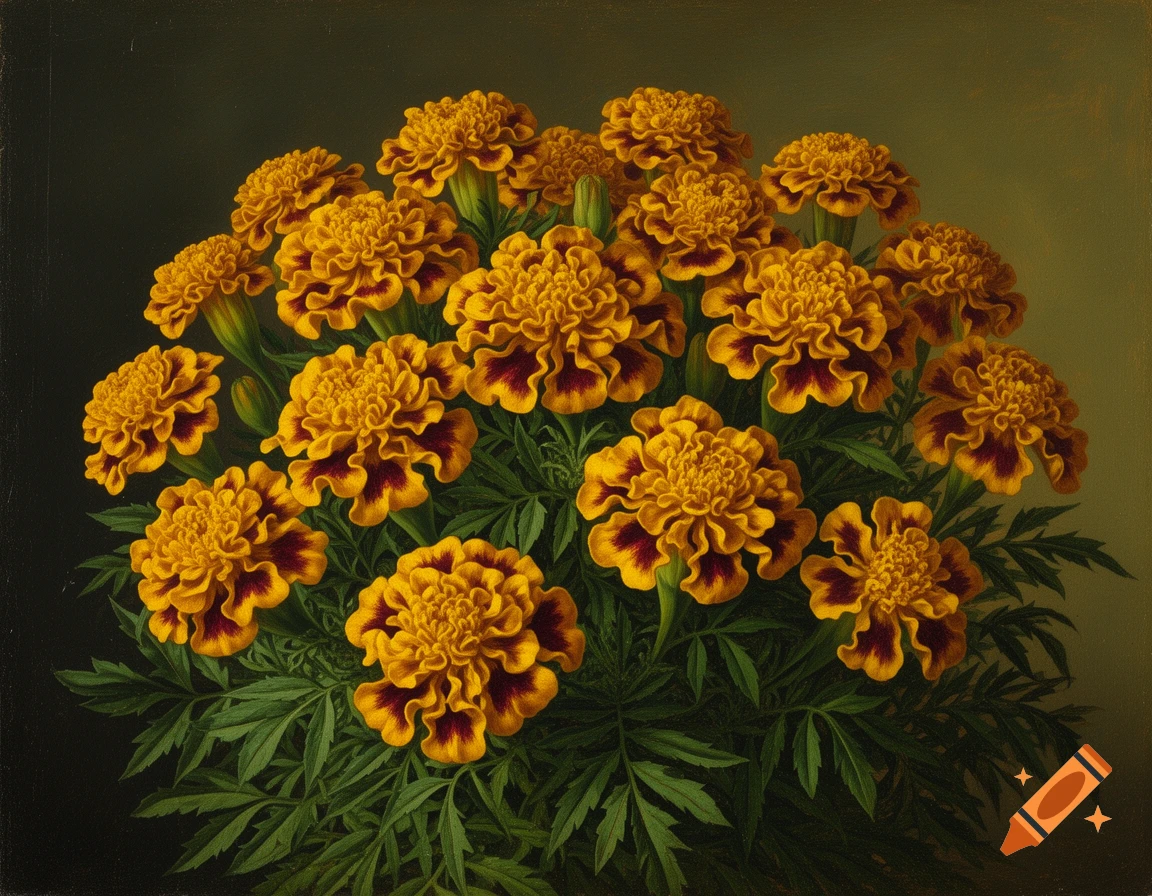 A vintage botanical oil painting of a lush bush of golden-yellow marigolds with ruffled petals and maroon-crimson centers, against a dark background.