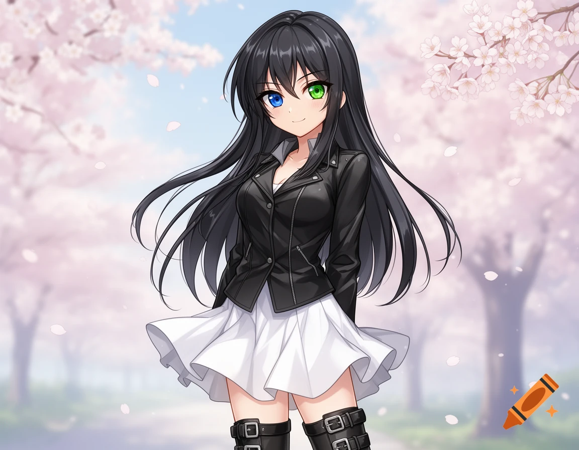 Anime girl with long black hair, blue and green heterochromia eyes, black leather jacket, and white skirt, standing under cherry blossoms.
