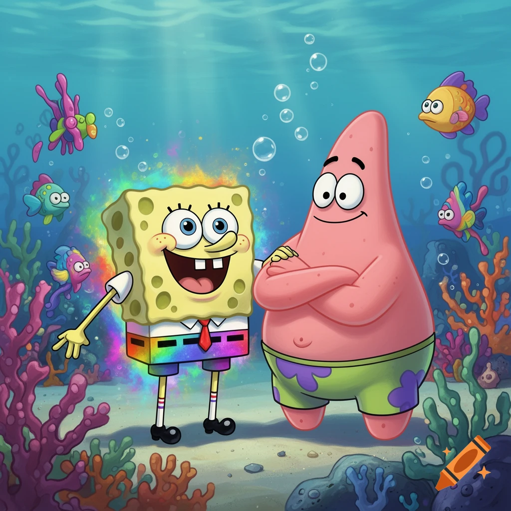 SpongeBob with rainbow-colored pants stands next to Patrick Star underwater, surrounded by colorful coral and fish in a cartoon style.