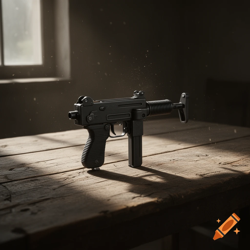 A black Uzi submachine gun rests on a weathered wooden table in a dimly lit room, with a window in the background.