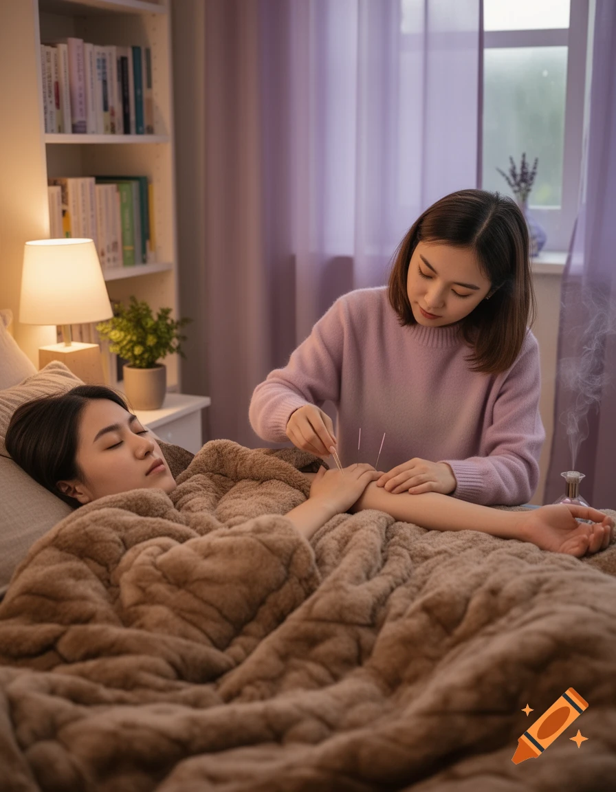 A woman performs acupuncture on another woman's arm, who is lying in bed under a brown blanket, in a softly lit room.