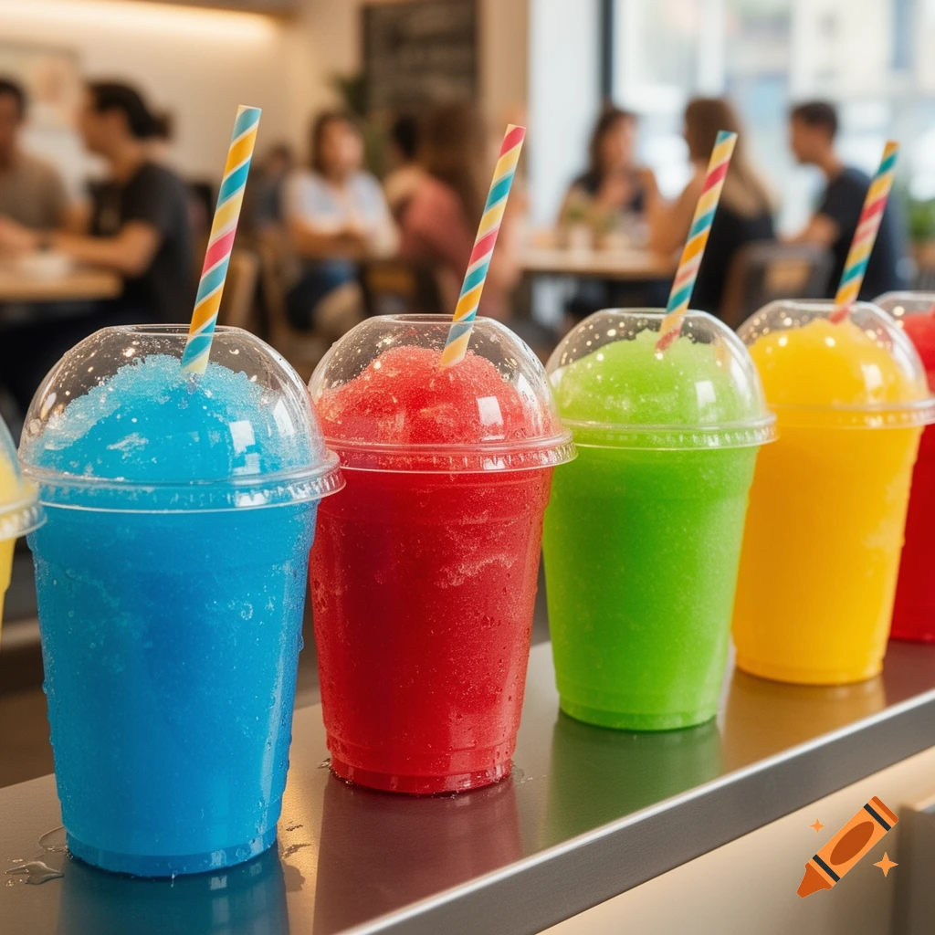Four colorful slushies in plastic cups with striped straws on a counter in a bustling cafe.