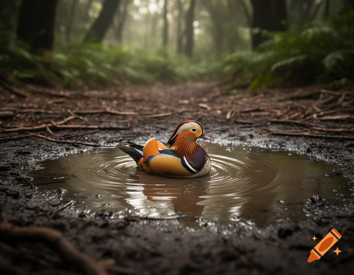 A colorful Mandarin duck swims in a muddy puddle on a dirt path in a lush, misty forest, creating ripples in the water.