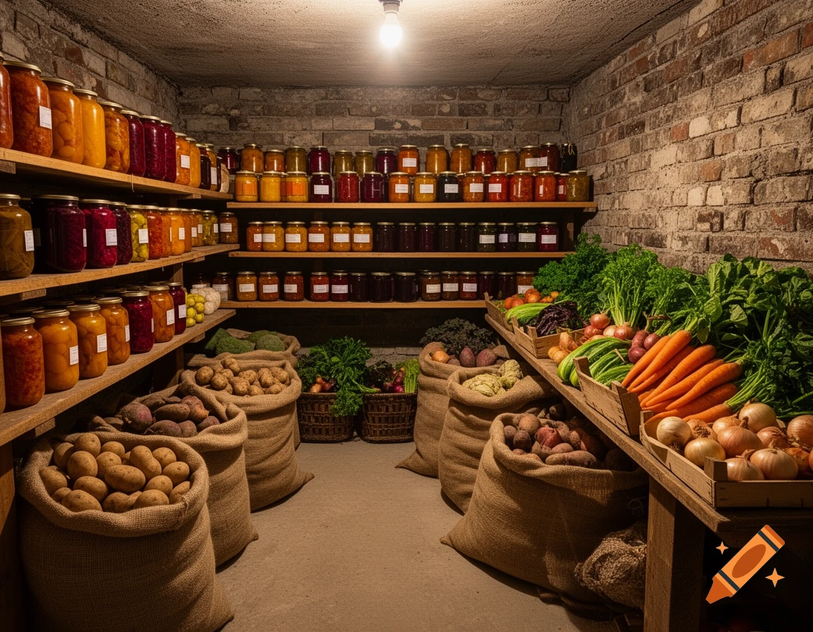 A rustic cellar pantry with shelves of canned goods and preserves, burlap sacks of root vegetables, and fresh produce.
