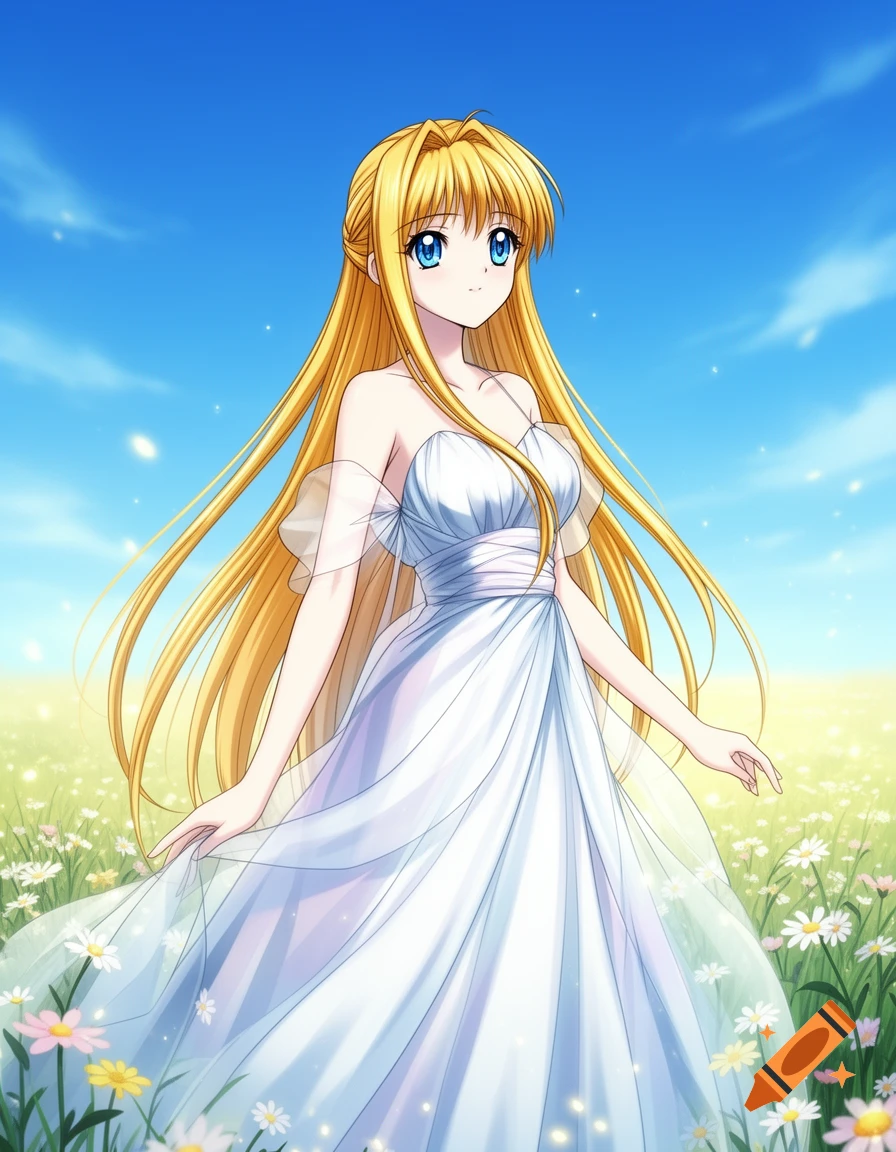 Anime woman with long golden hair and blue eyes in a white dress, standing in a field of colorful flowers under a bright blue sky.