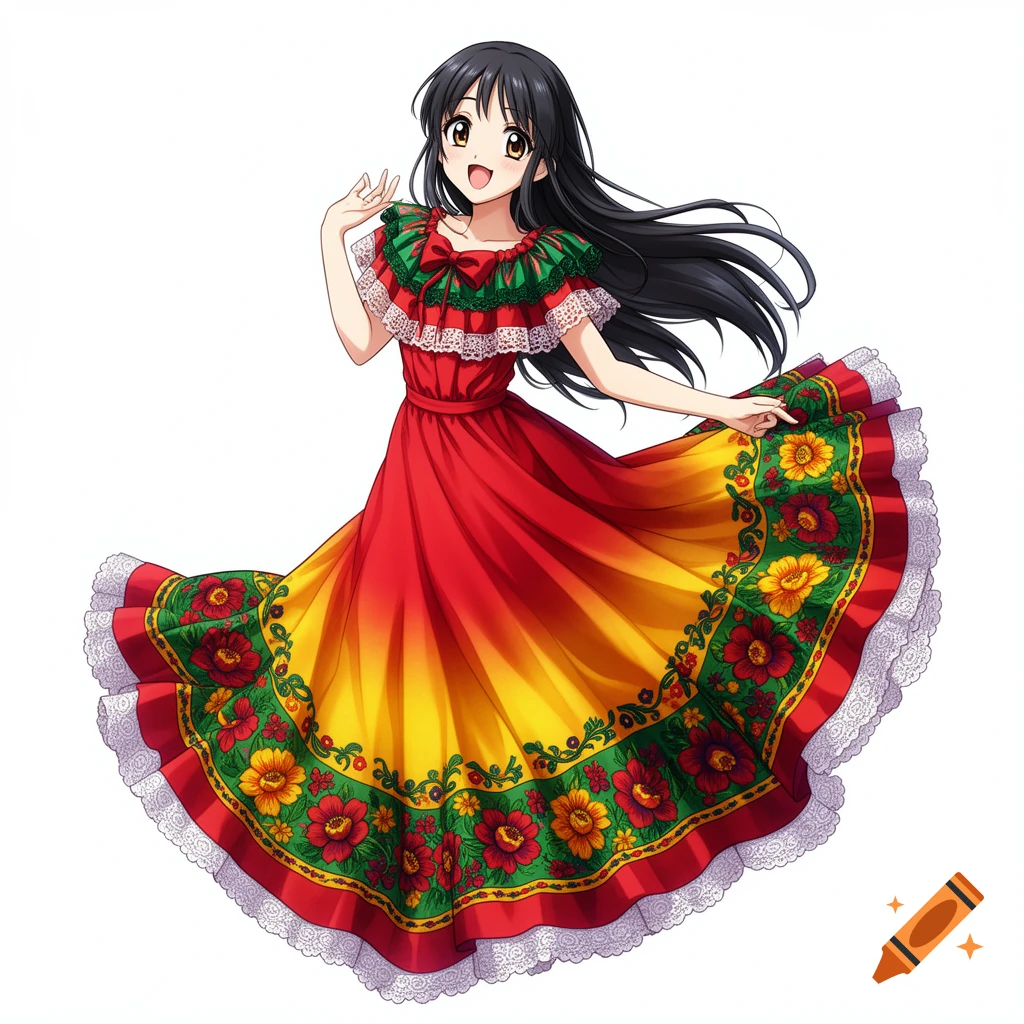 Smiling anime girl with black hair in a vibrant red, yellow, and green Mexican folk dress with floral patterns, on white.