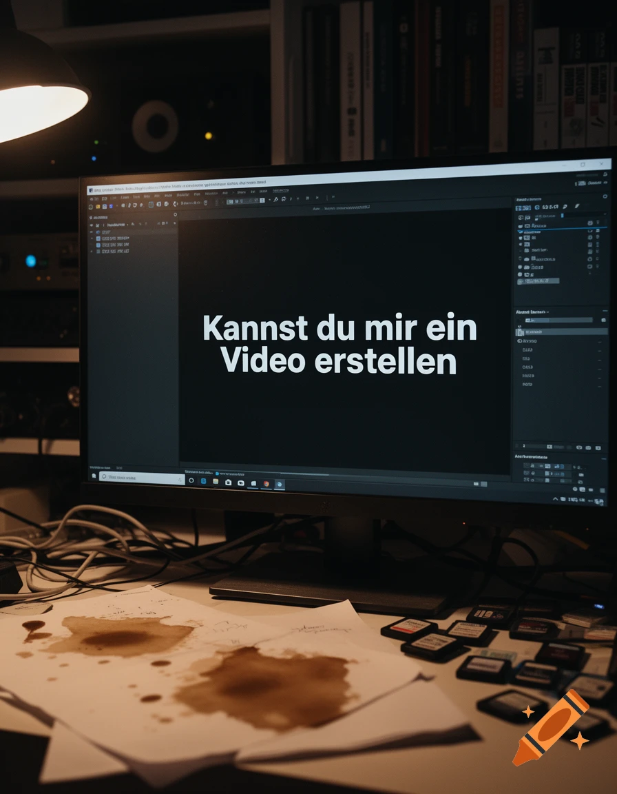 A cluttered desk with a computer monitor displaying 'Kannst du mir ein Video erstellen', coffee stains on papers, and memory cards.