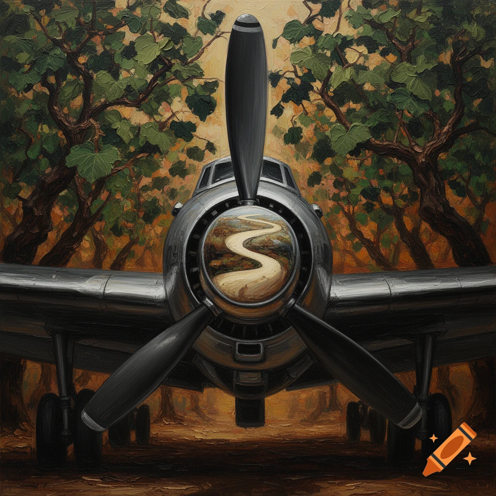 Frontal view of an airplane propeller with a winding path reflected in its hub, set against abstract mulberry trees. Fine art acrylic painting style.