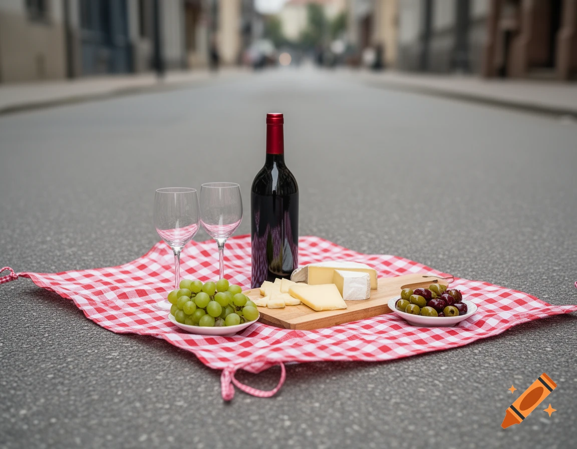 A photorealistic picnic setup on asphalt with a red and white checkered blanket, a bottle of wine, two wine glasses, cheese, green grapes, and olives.