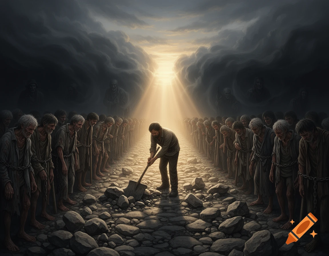 A man digs rocks on a path, surrounded by rows of chained, exhausted people moving from darkness into a bright light. Dramatic digital painting.