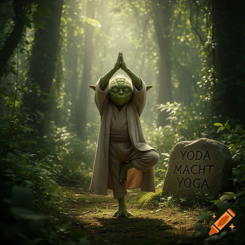 Photorealistic Yoda in a tree yoga pose, meditating in a sun-dappled forest, with a rock inscribed 'YODA MACHT YOGA'.