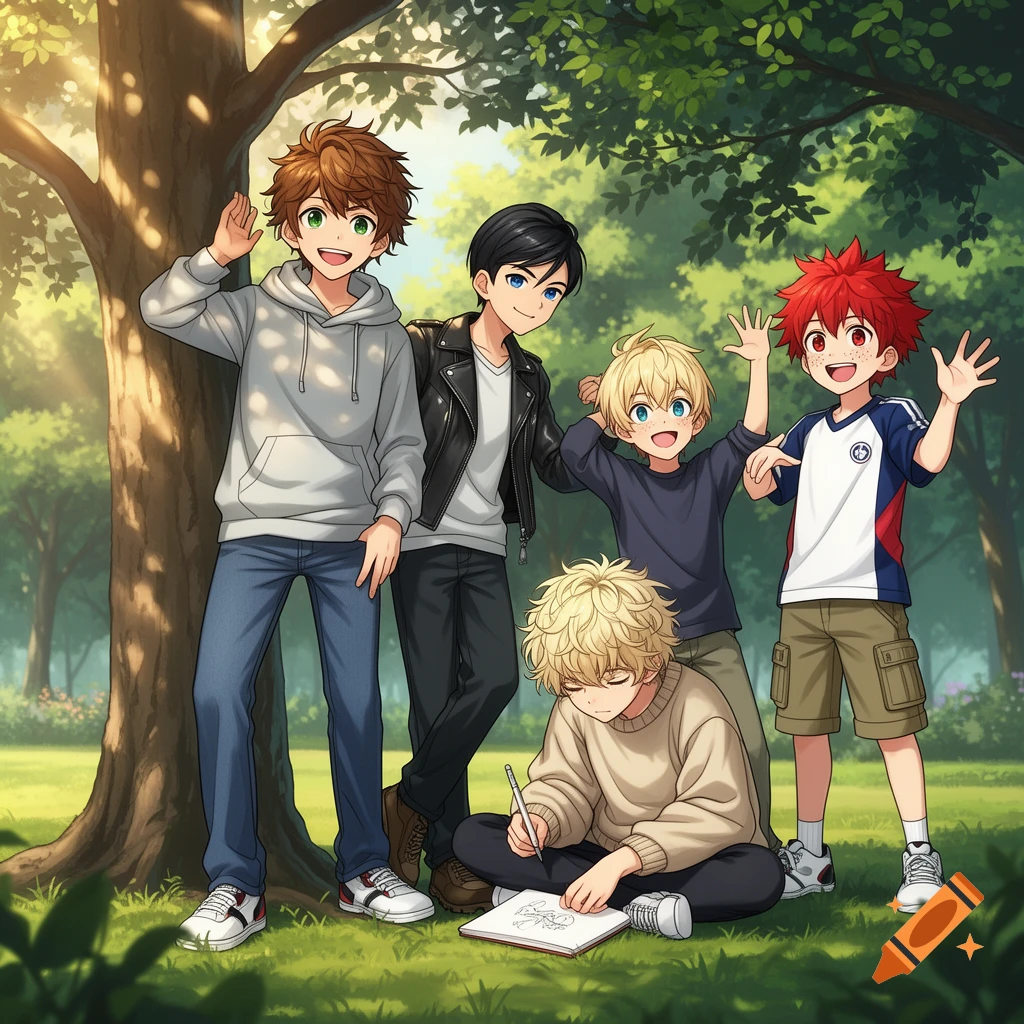 Five smiling anime-style boys in a sunny park under a tree, some waving, one drawing.