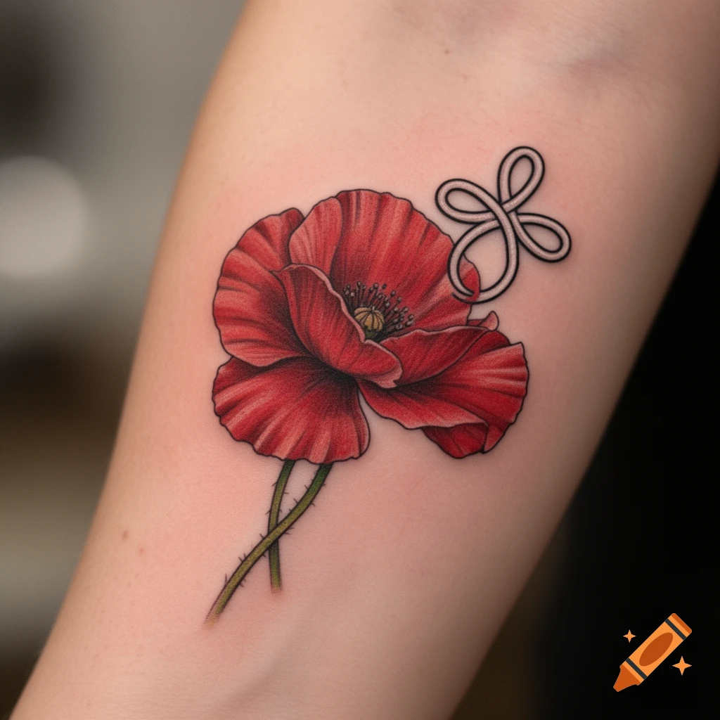 A detailed tattoo on an arm featuring a vibrant red poppy flower next to an intertwined white symbol.