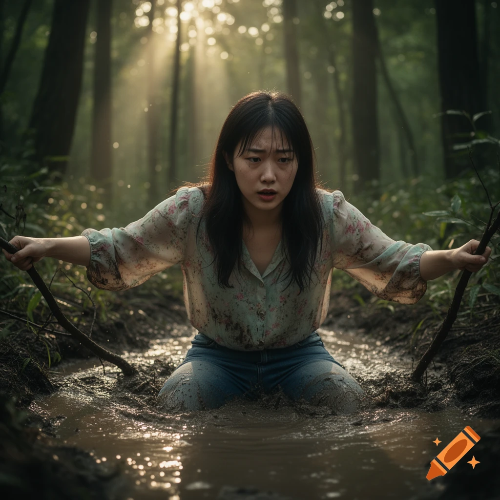 A distressed young woman kneels, stuck in mud, in a sunlit forest, holding branches.