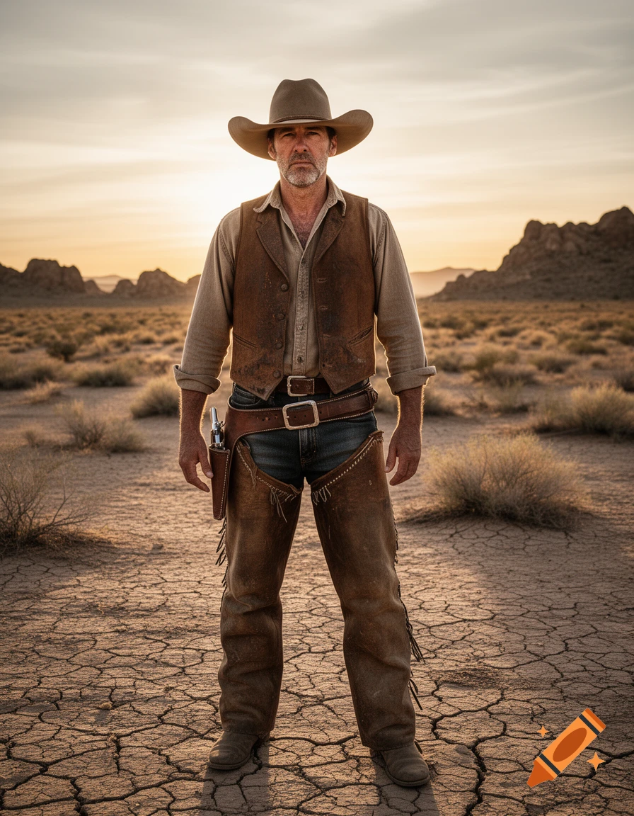 A serious cowboy in a vest and chaps stands in a cracked desert landscape at sunset.