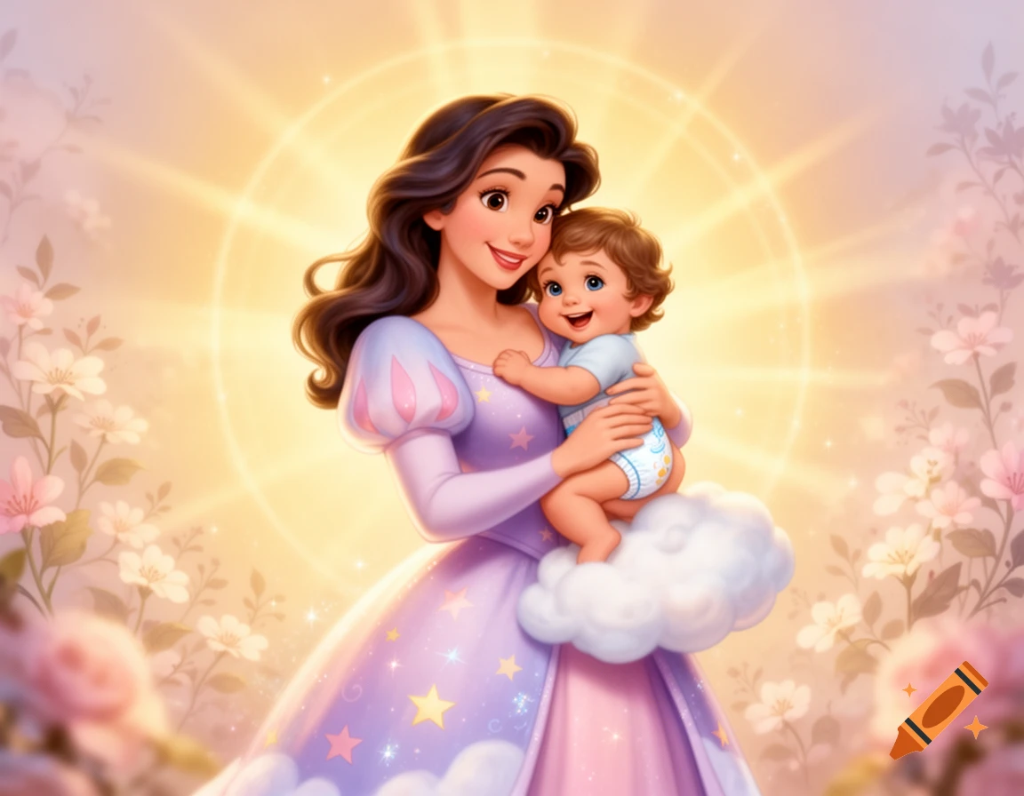 A smiling Disney-style cartoon mom in a purple dress holds a happy baby against a glowing golden floral background.
