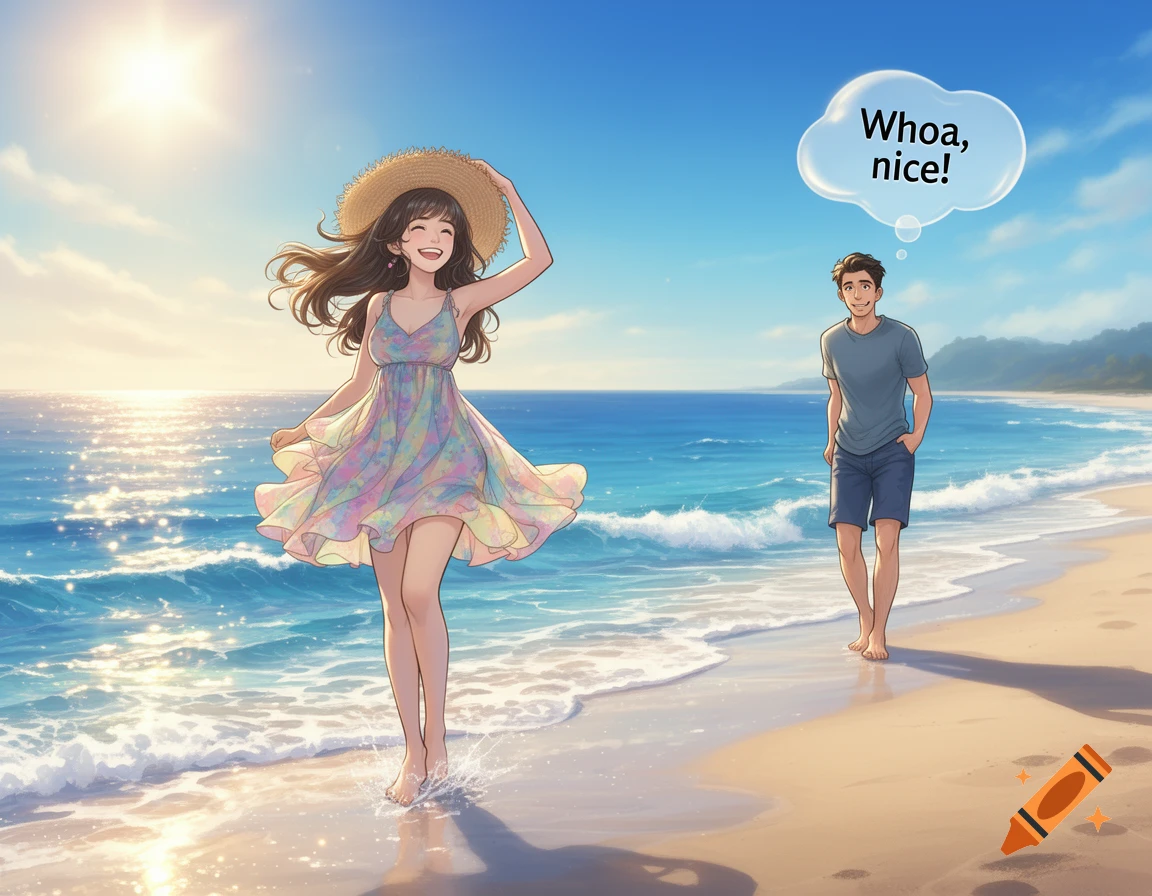 Anime drawing of a smiling woman in a sundress at the beach, while a man walks by thinking 'Whoa, nice!'
