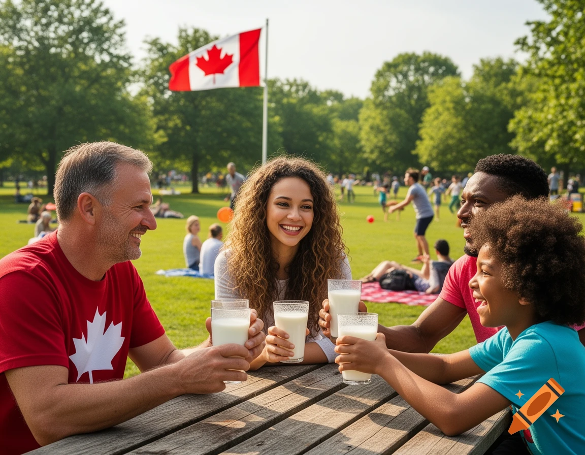 A diverse family drinks milk at a picnic table in a sunny park with a Canadian flag flying.