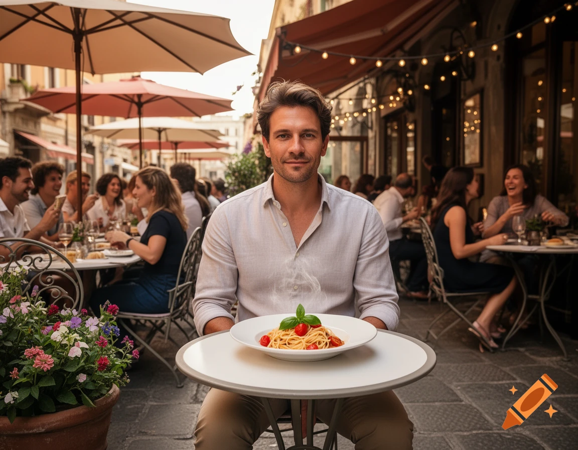 A man smiles, holding a plate of steaming pasta, at an outdoor Italian restaurant with other diners in the background.