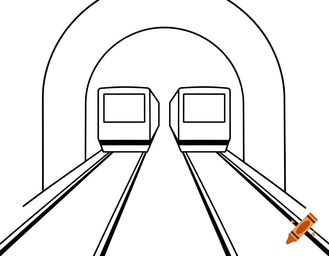 Two minimalist black and white line art trains on parallel tracks in a tunnel.