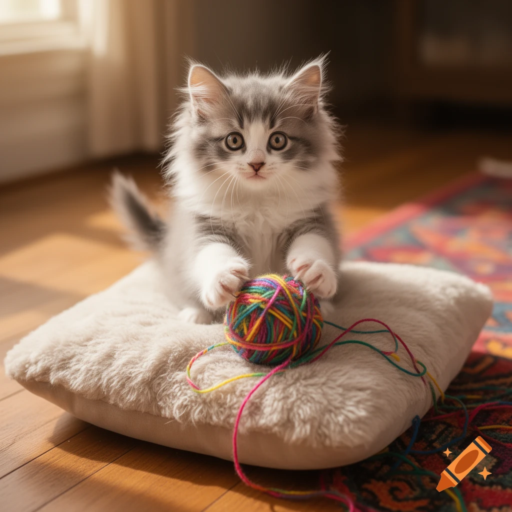 A fluffy gray and white kitten on a cream pillow plays with a colorful ball of yarn on a wooden floor.