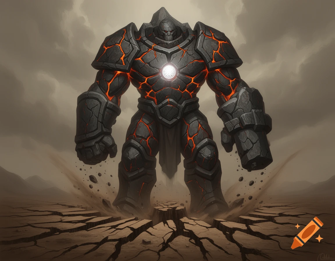 A towering rock-armored warrior, Talon of Gravestone, with glowing magma cracks and a bright core, stands on fractured earth.