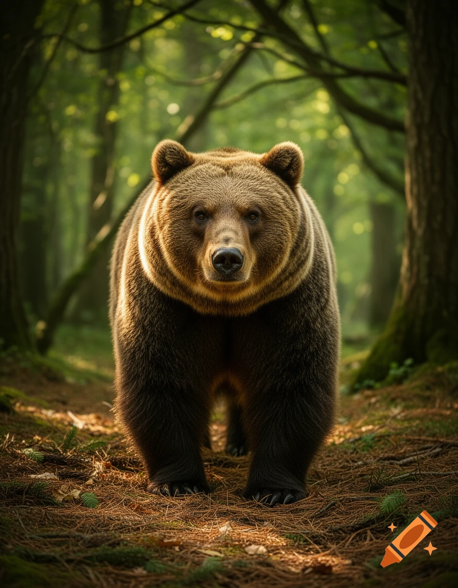 A photorealistic brown bear stands on a forest path, looking directly forward with sunlight filtering through the trees.
