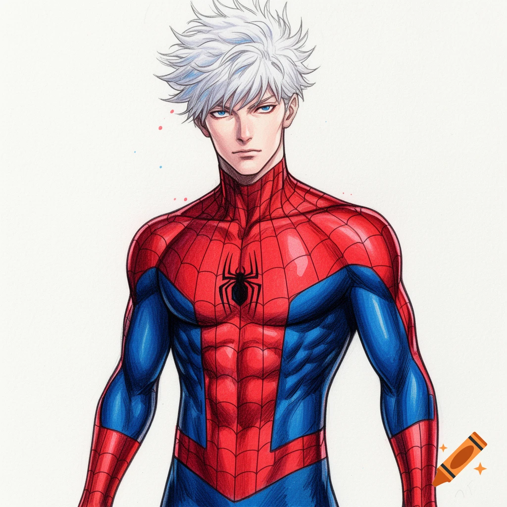 Anime-style drawing of a white-haired man with blue eyes in a red and blue Spider-Man suit, featuring abs.