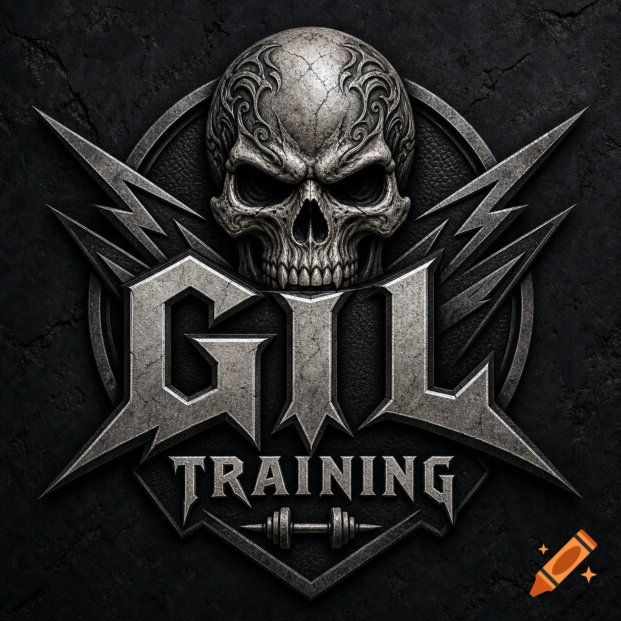 A silver, rock-style logo features a cracked skull above the bold text "GIL TRAINING" and a dumbbell, all set against a dark, textured background.