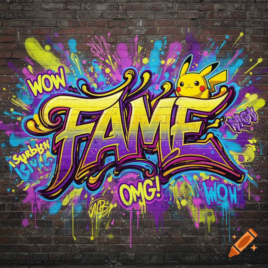 Colorful graffiti art on a brick wall featuring the word 'FAME', paint splashes, and a Pikachu face.