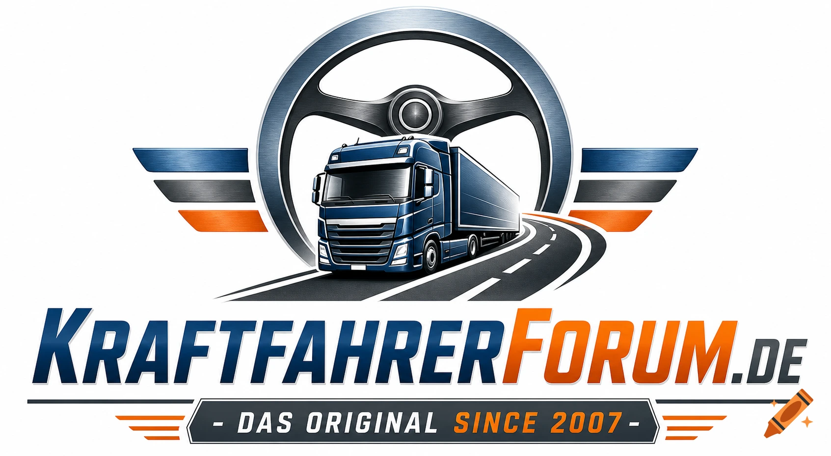Logo for a truck driver forum with a blue semi-truck, a steering wheel, and wings. Text: 'Kraftfahrerforum.de - Das Original Since 2007'.