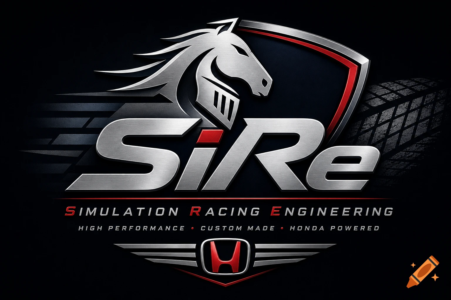Metallic SiRe logo featuring a knight's head, a shield with red accents, and a Honda emblem, with text "SIMULATION RACING ENGINEERING" and "HIGH PERFORMANCE CUSTOM MADE HONDA POWERED".