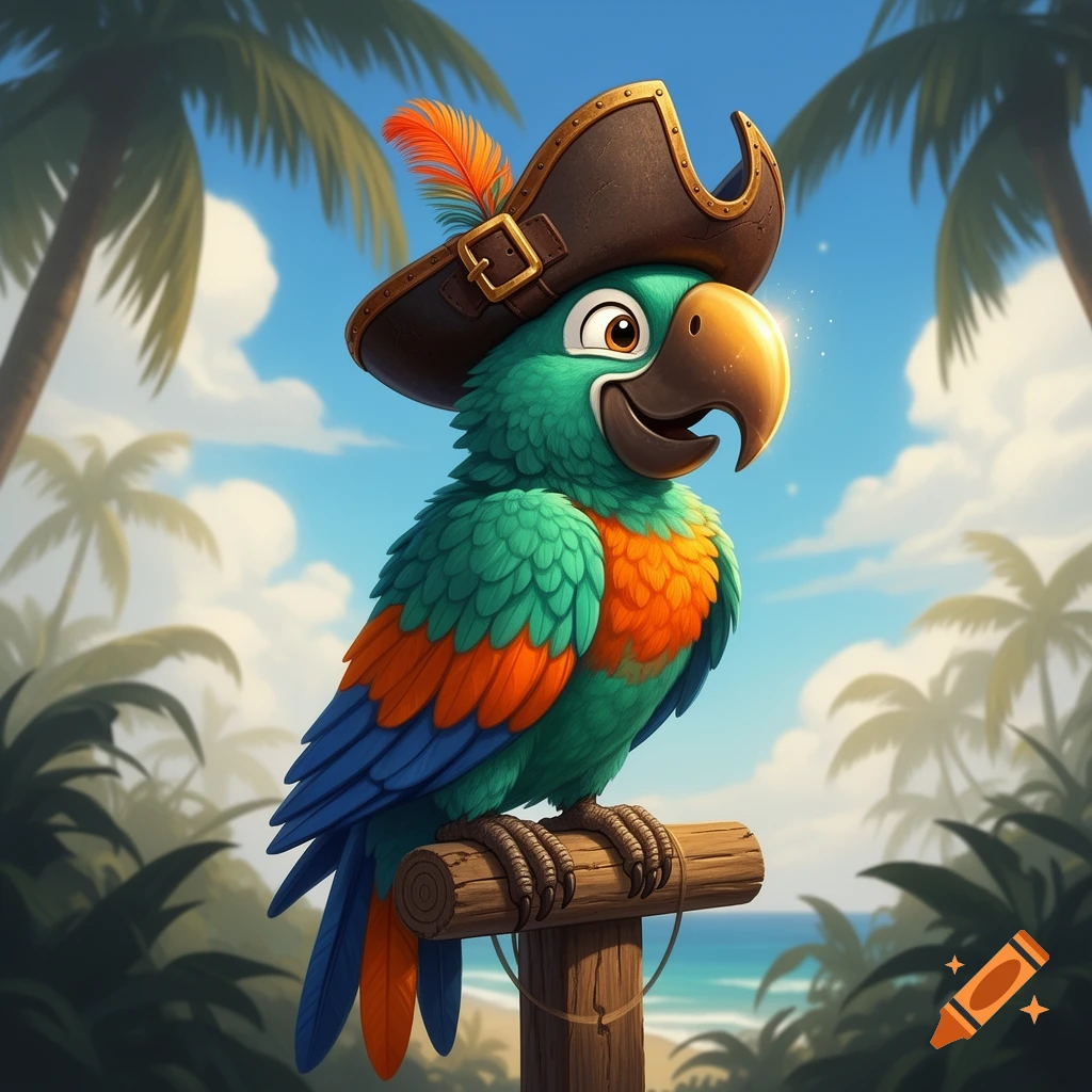 A cheerful cartoon parrot wearing a pirate hat sits on a perch on a tropical beach with palm trees and ocean in the background.