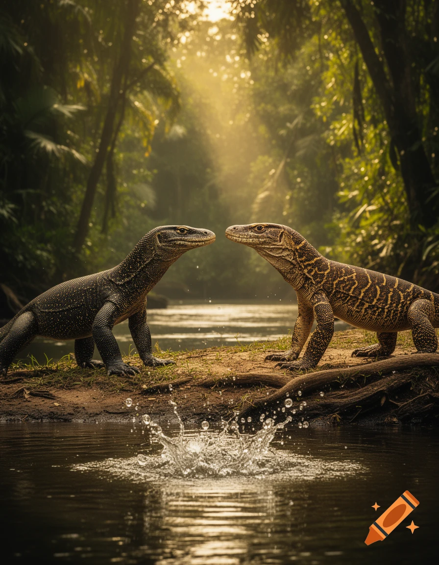 Two monitor lizards face each other by a river in a sun-drenched jungle with a water splash.