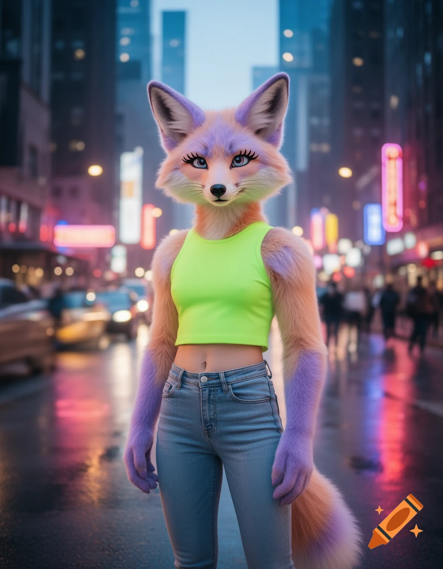A photorealistic anthropomorphic fox with light purple and orange fur, wearing a neon green crop top and jeans, stands on a wet city street at night with blurred neon lights and tall buildings in the background.