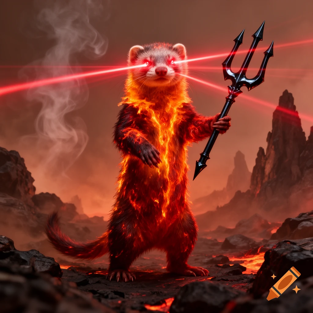 A fiery magma ferret stands on two legs, holding a trident, with laser eyes, in a desolate, glowing red landscape.