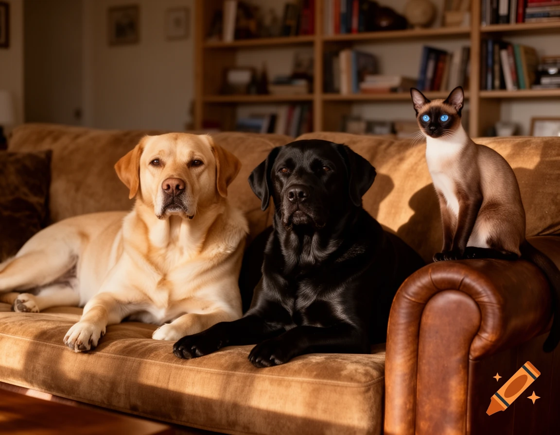 Two dogs, a golden labrador and a black labrador, relax on a brown sofa next to a Siamese cat with bright blue eyes, in a sunlit living room with a bookshelf in the background.