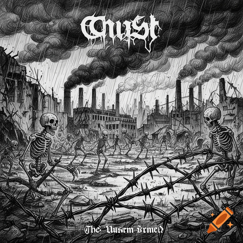 Black and white pen and ink drawing of skeletons walking through a desolate, rainy, industrial wasteland with barbed wire, factories, and dark clouds. Text reads CHUST and The Nusrm Brmed.