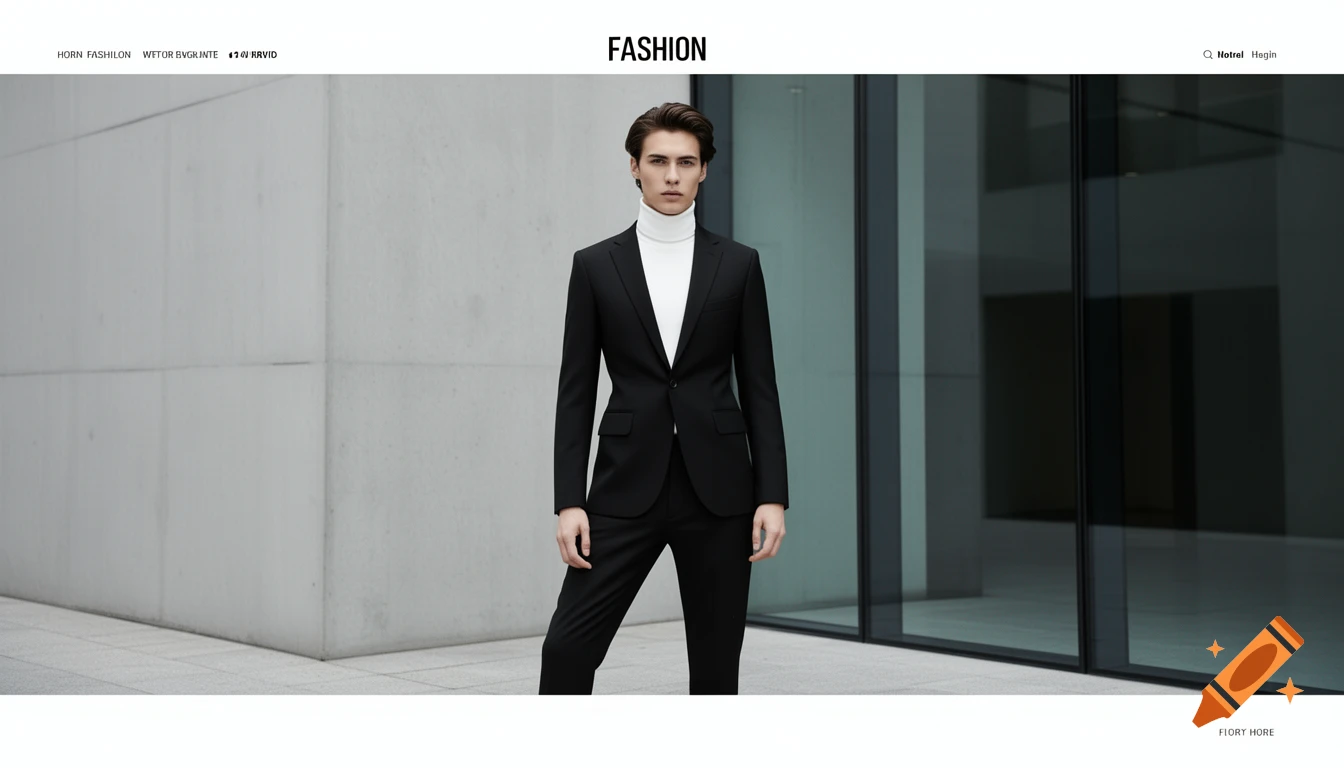 A young man in a black suit and white turtleneck stands in front of a modern, minimalist concrete and glass building, styled as a fashion website banner.