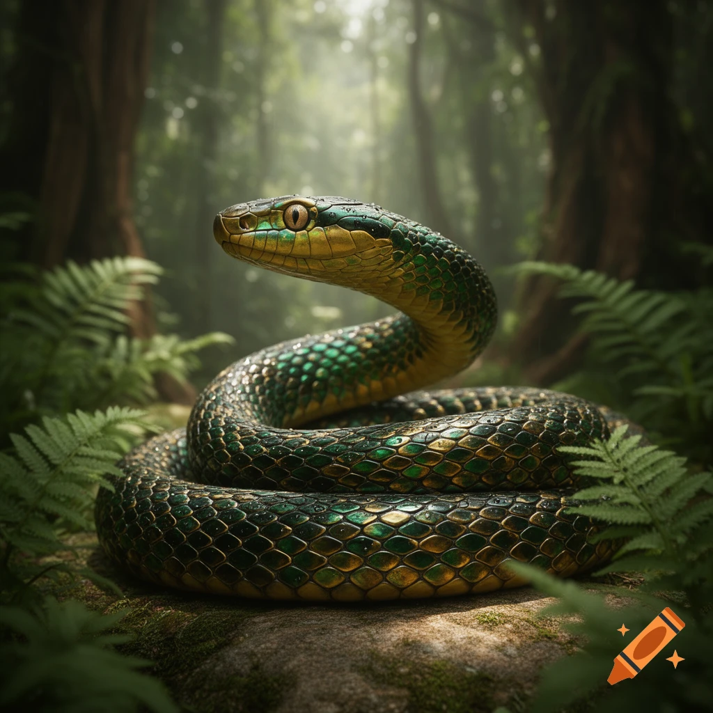A vibrant green and gold snake, coiled on a mossy rock, looks forward in a lush, misty jungle.