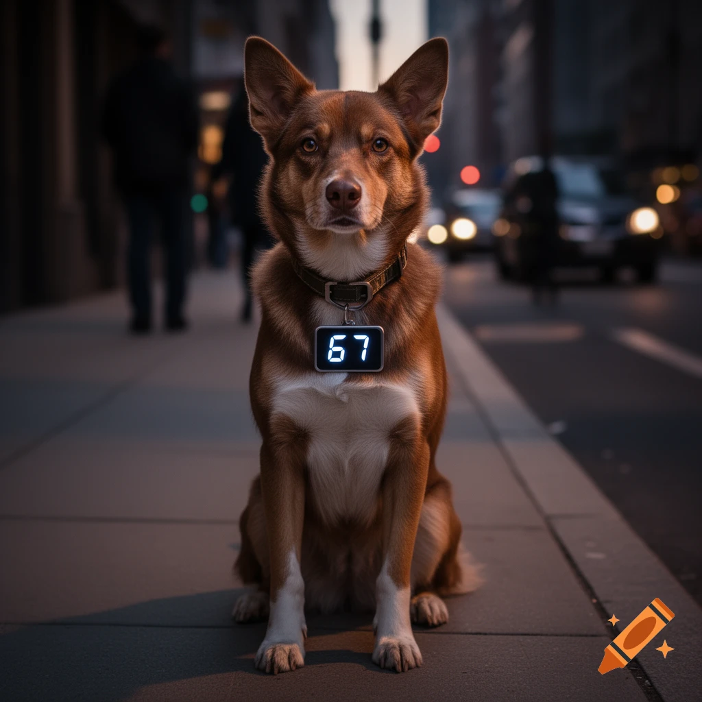 A photorealistic brown and white dog sits on a city sidewalk wearing a collar with a digital tag displaying '67'.