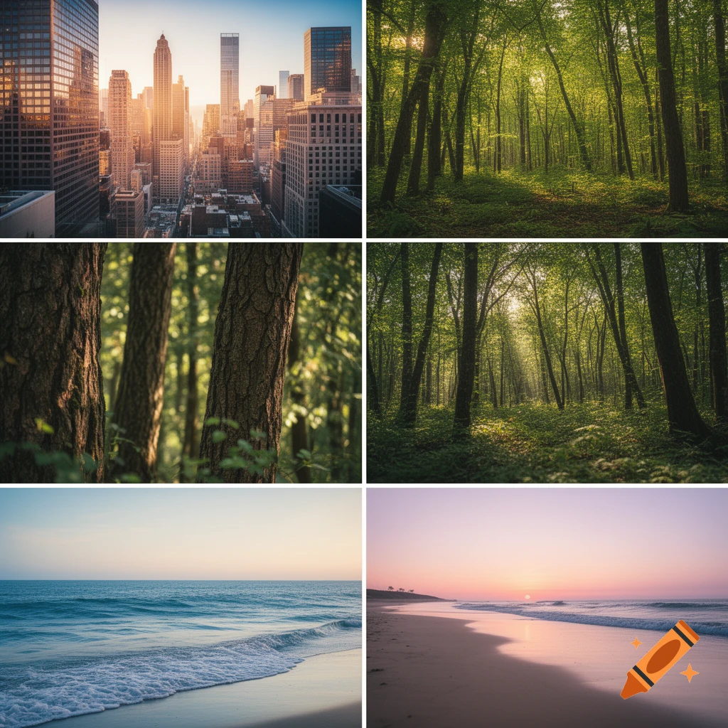 A six-panel collage showing a golden hour cityscape, two forest scenes, ocean waves, and a beach sunset.